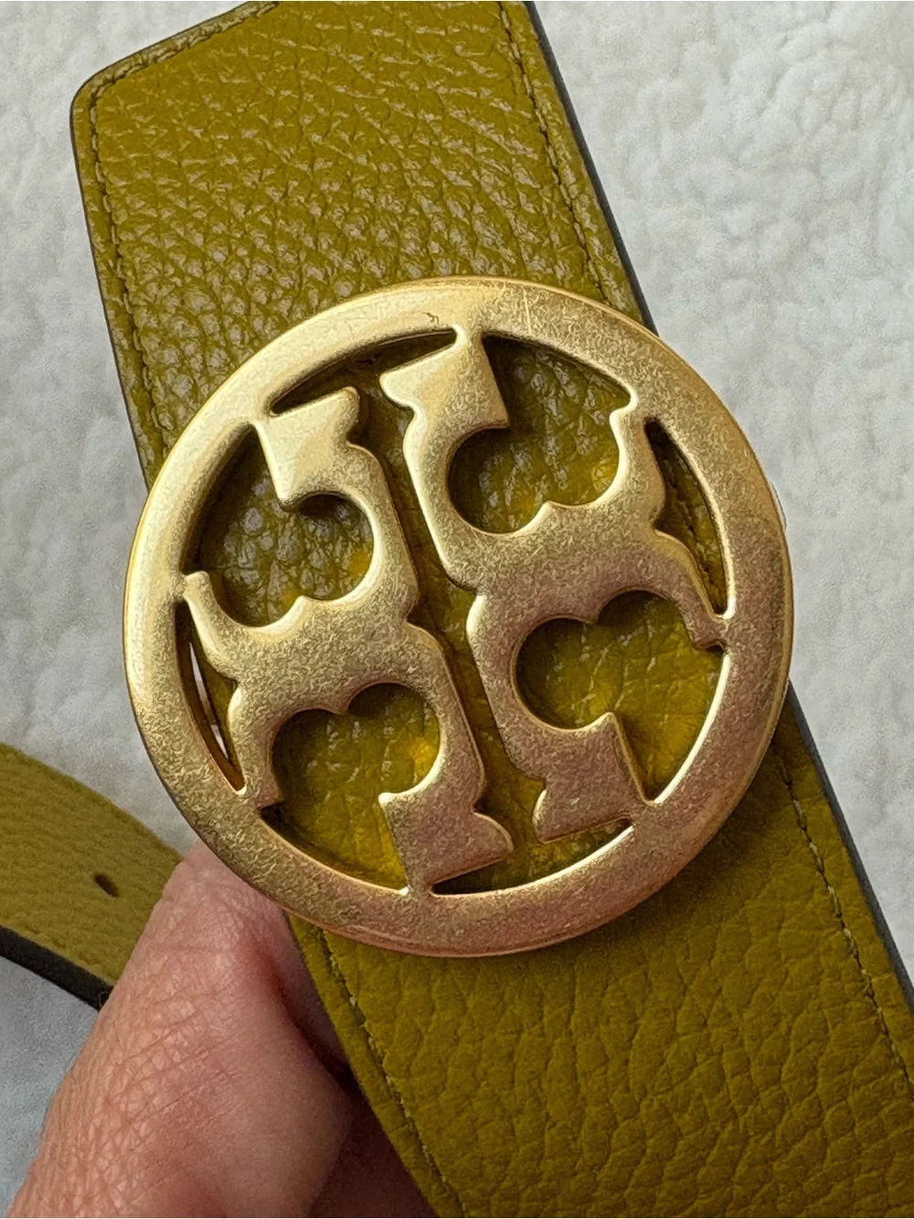 Tory Burch Olive Green Leather Belt with Gold Logo Buckle